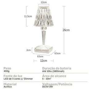 Luminária Crystal Sem Fio Luminária de Mesa Led Sem Fio Vitrine One 